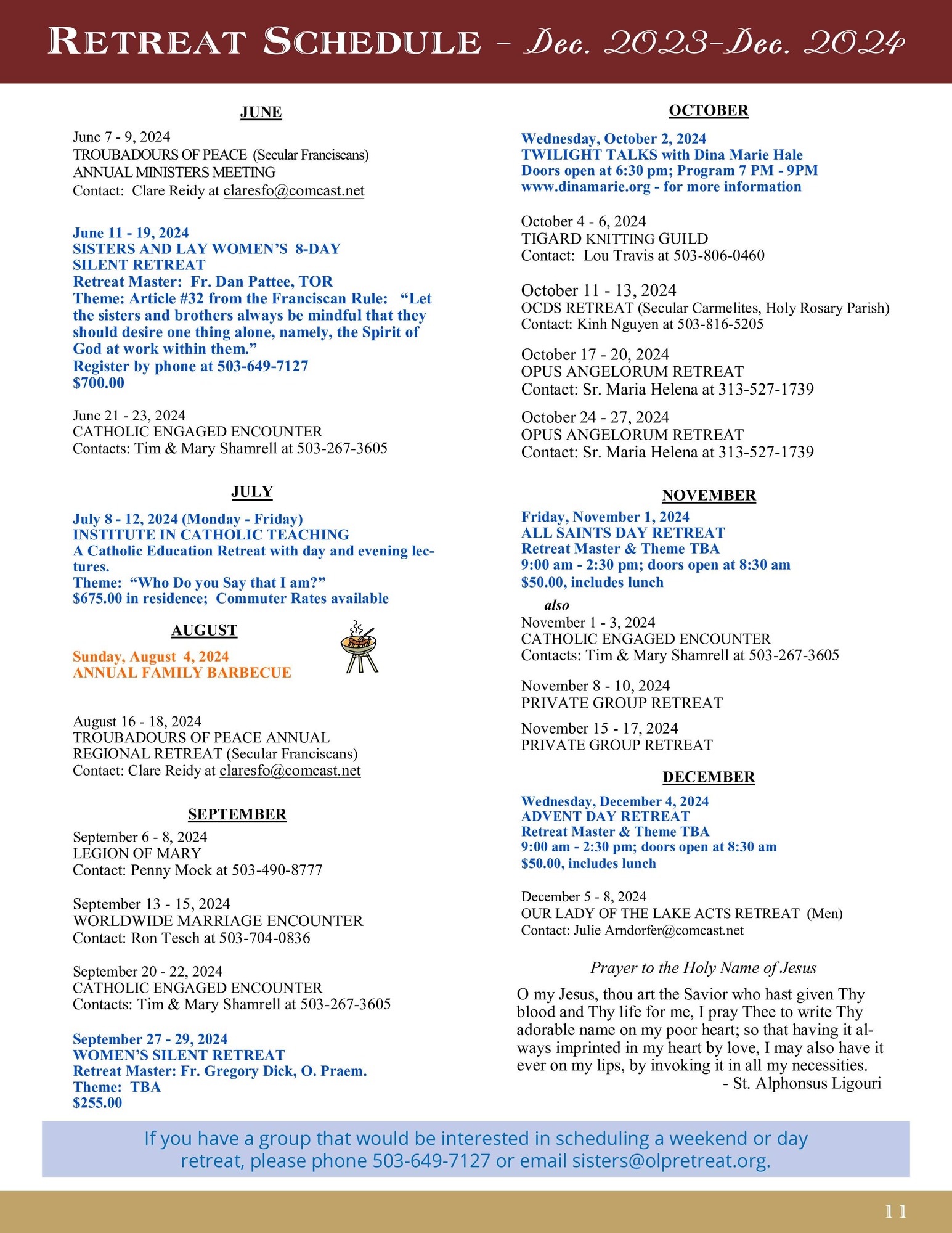 Retreat Schedule Our Lady of Peace of Retreat House Beaverton, OR